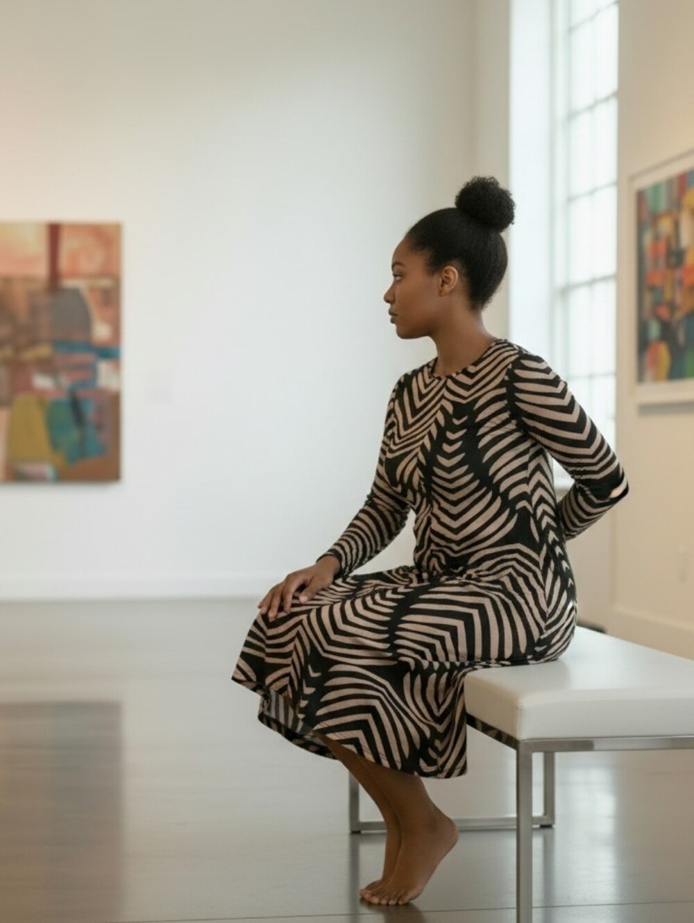 Black Beige Long Sleeve Patterned A-Line Dress Geometric Print Stretchy Casual - Picture 5 of 7
